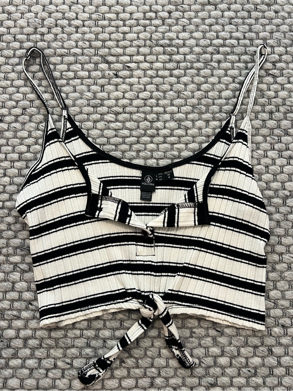 Volcom Black & White Striped Tie-Front Ribbed Cami
